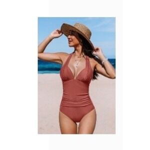 Flattering Ruched Halter One Piece Swimsuit Rose Coral Deep V Neck Tummy Control